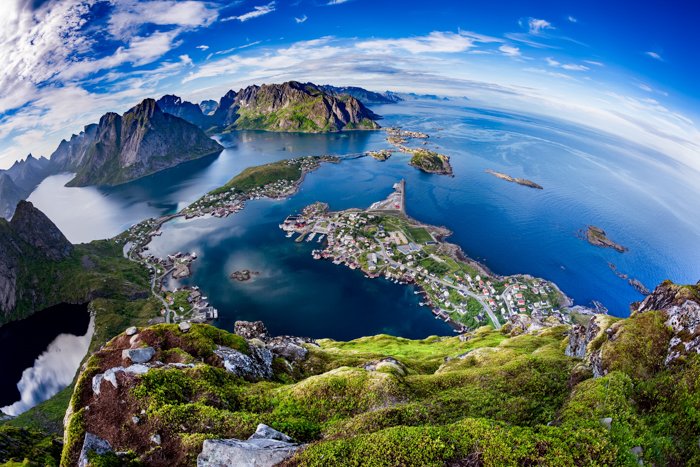 a top down photo of a peninsula with a fisheye lens