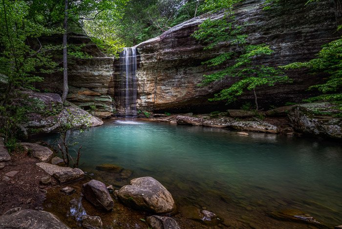 Landscape with a flowing waterfall with a big depth of field and everything in focus