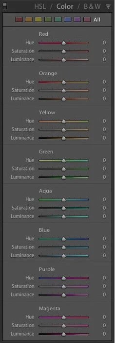 HSL sliders in adobe lightroom screenshot