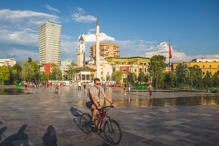 A street scene in a busy urban square