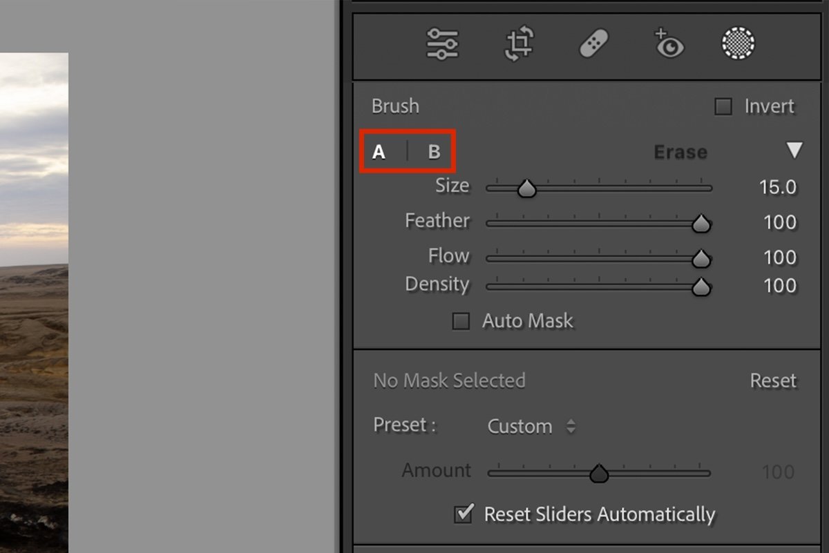 screenshot of brush mask options in lightroom