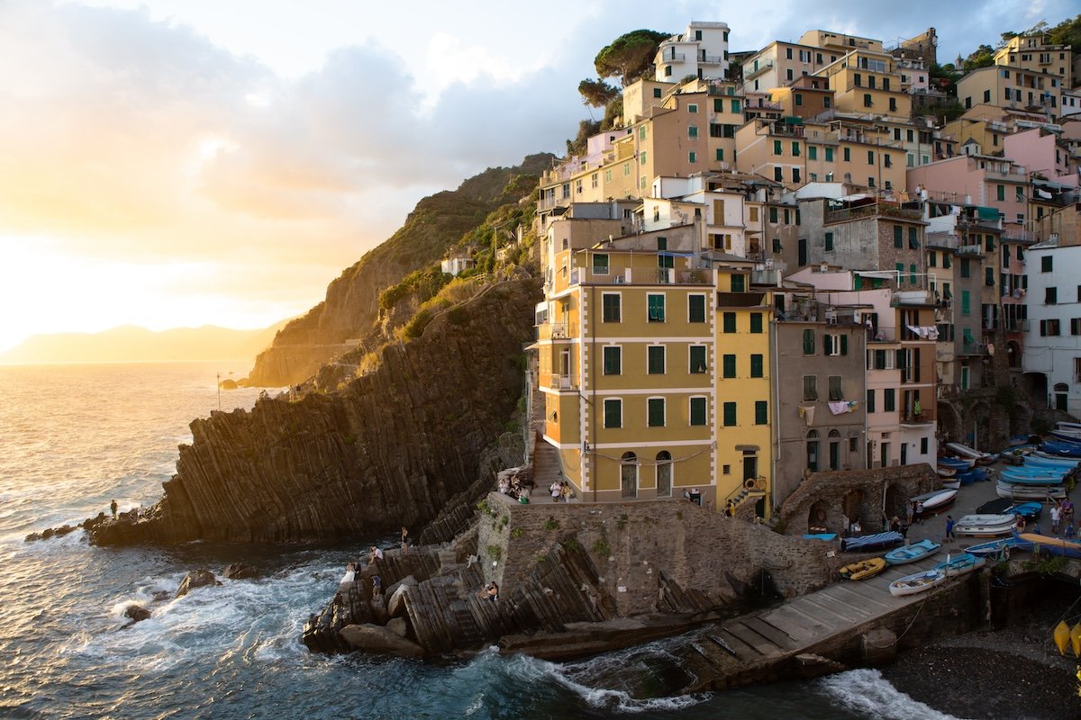 photograph of a colorful coastal town with some colors changed