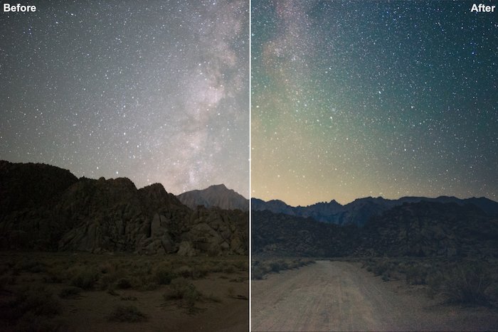 Split screen photo of the milky way over a landscape before and after editing