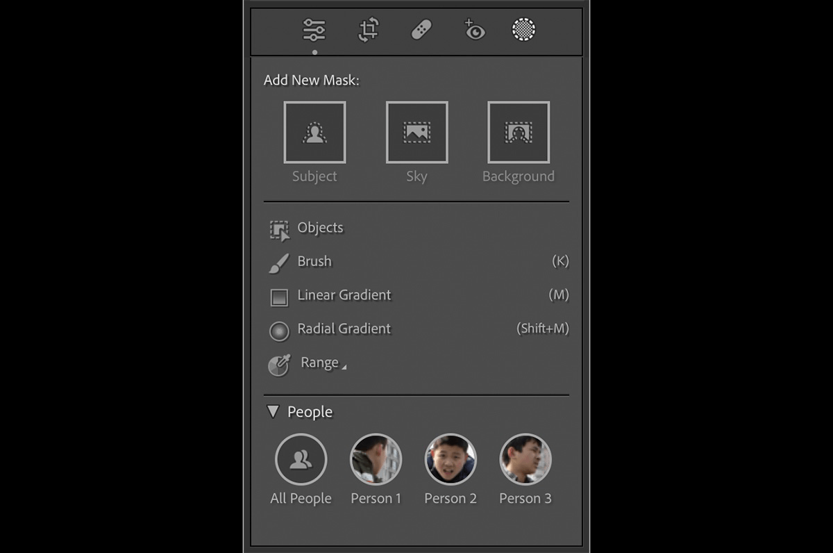 Screenshot of Adobe Lightroom masking menu