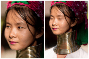 Diptych of a woman's portrait up close and blinking